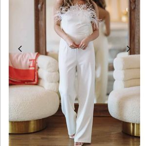 Boutique White Strapless Feather Jumpsuit